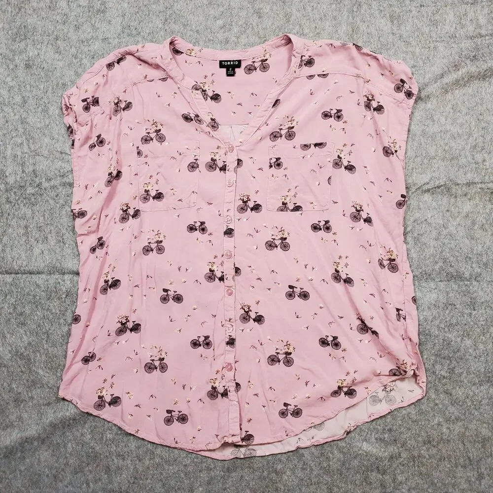 Torrid Top Womens 2X Bicycle‎ Novelty Button Front Cap Sleeve V-Neck Bike Cycle